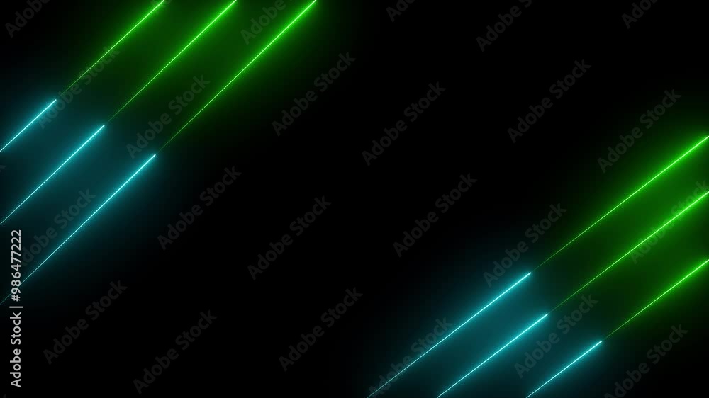 Poster abstract green aand cyan color neon light animated on a dark background. abstraction neon lines movi