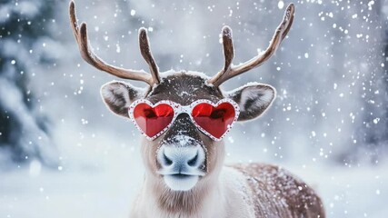A reindeer wearing heart shaped sunglasses in a snowy winter wonderland, ready for Christmas celebration