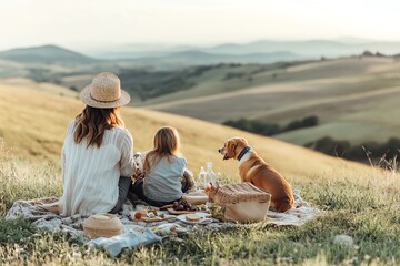Family picnic on a hillside with a dog.