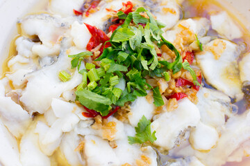 A plate of white snapper soup or better known as barramundi fish. Barramundi is a good source of various vitamins and minerals, including vitamin D, selenium, phosphorus, and niacin (vitamin B3). Thes