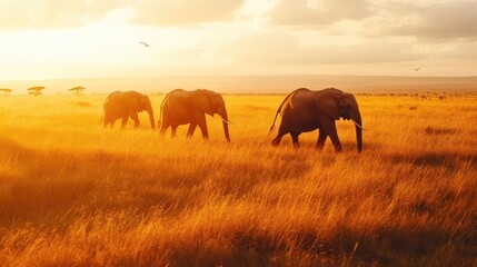 Fototapeta premium Elephants at Sunset in a Golden Landscape