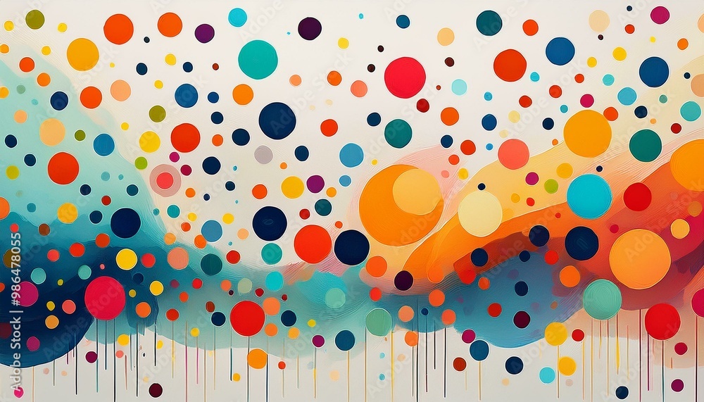 Poster abstract background with colorful polka dots on a white backdrop.