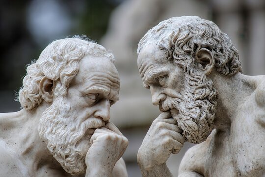 A bustling marketplace where two philosophers argue
