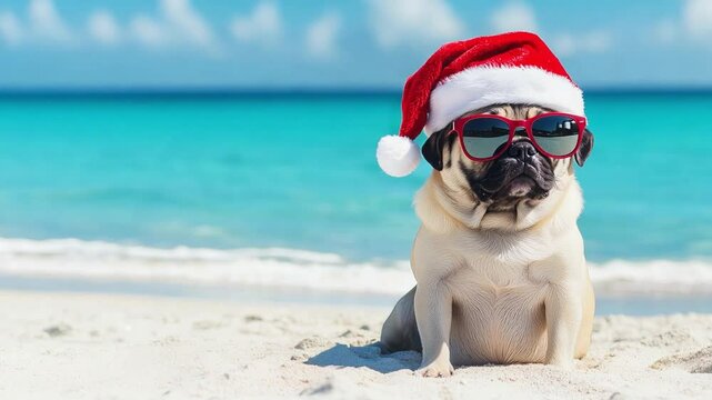 A cheerful pug dressed in a Santa hat and sunglasses enjoys a sunny day at the beach, surrounded by beautiful ocean waves. Copy space