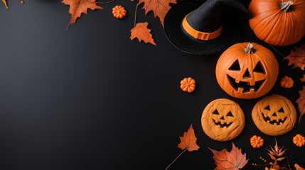 Spooky Halloween Flat-Lay, featuring pumpkin cookies, festive decorations, witch hats on a black wooden table, ideal for seasonal promotions and event announcements
