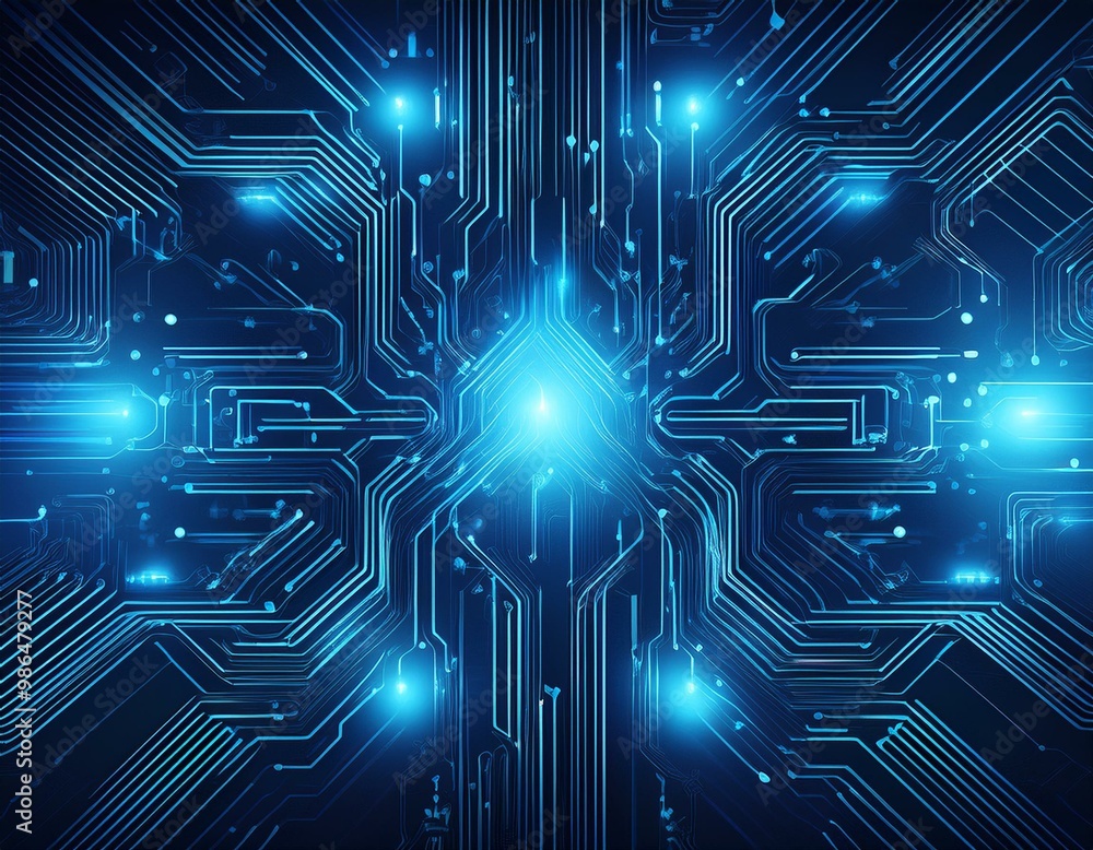 Poster abstract blue circuit board pattern with glowing lines and connections.