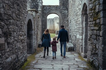 Family walking through historical ruins
