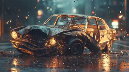 Zbliżenie na wypadek samochodowy, gdzie widać uszkodzone pojazdy i rozrzucone elementy na drodze. 