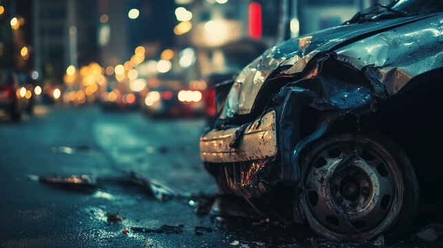 Zbliżenie na wypadek samochodowy, gdzie widać uszkodzone pojazdy i rozrzucone elementy na drodze. 