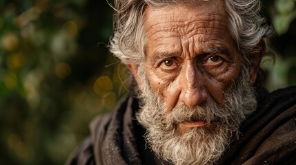 close-up portrait of elderly man with weathered face and deep, soulful gaze, capturing lifetime of experiences, wisdom, contemplation through intricate facial details