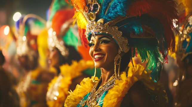 Parada karnawałowa w Rio de Janeiro to prawdziwe święto kolor&oacute;w i dźwięk&oacute;w. Uczestnicy przebrani w przepiękne kostiumy przechodzą przez ulice.