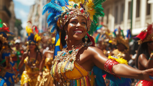 Parada karnawałowa w Rio de Janeiro to prawdziwe święto kolor&oacute;w i dźwięk&oacute;w. Uczestnicy przebrani w przepiękne kostiumy przechodzą przez ulice.