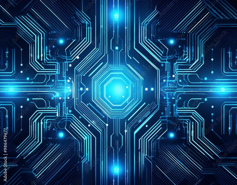 Poster abstract blue circuit board pattern with glowing lines and connections.
