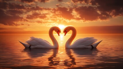 Two white swans with necks intertwined forming a heart shape at sunset.