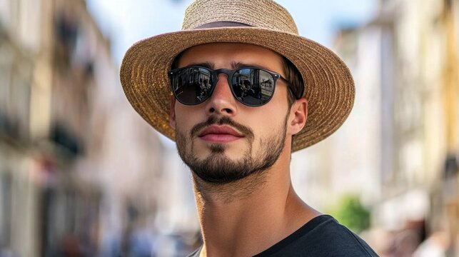 A casually dressed man with sunglasses and a straw hat strolls through a lively street, basking in the warm summer sunlight while surrounded by colorful buildings and lively atmosphere