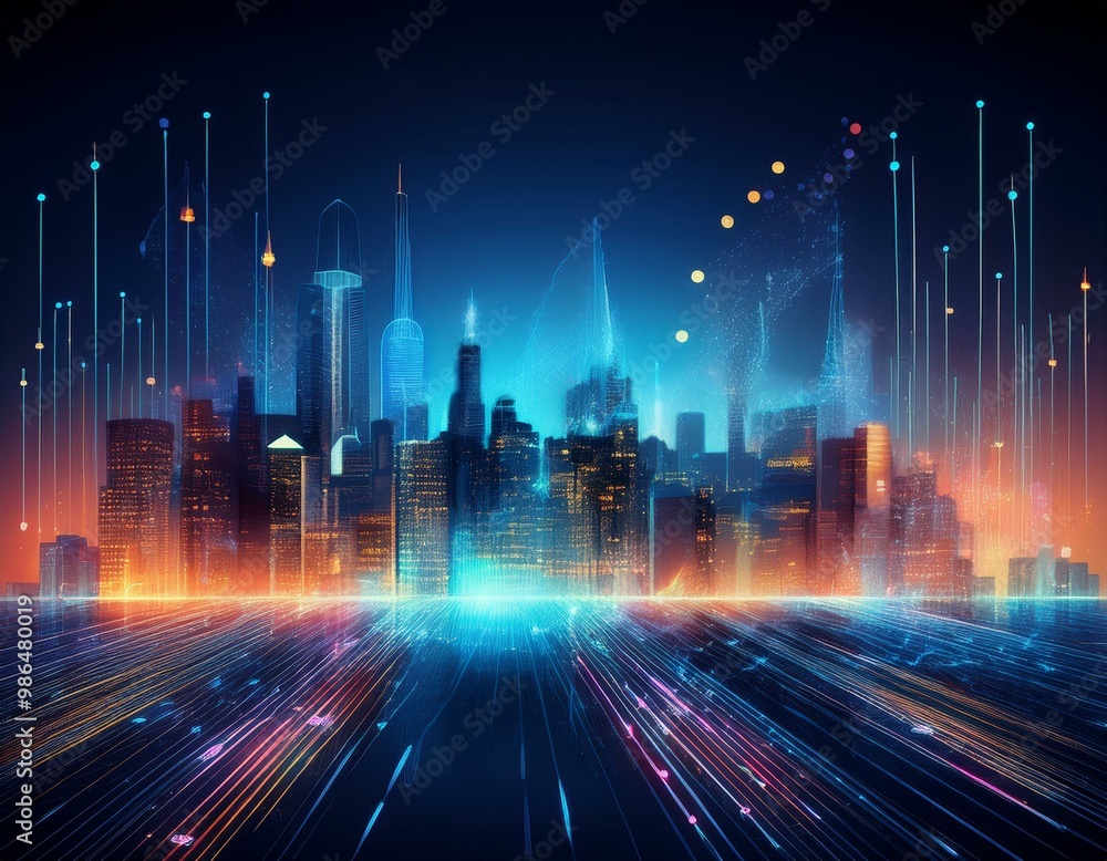 Poster abstract cityscape background with glowing lines and data visualizations. financial, technology, and
