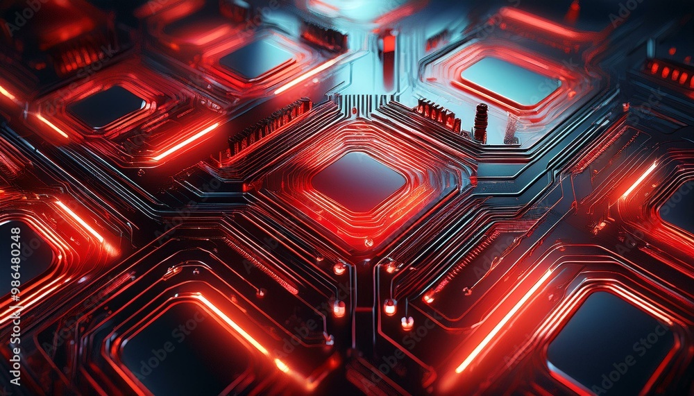 Poster abstract close-up of a circuit board with glowing red lines and microchips.