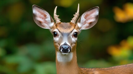 A young deer with developing antlers stands attentively among foliage, surrounded by the vibrant colors of autumn, highlighting its alert expression and serene environment