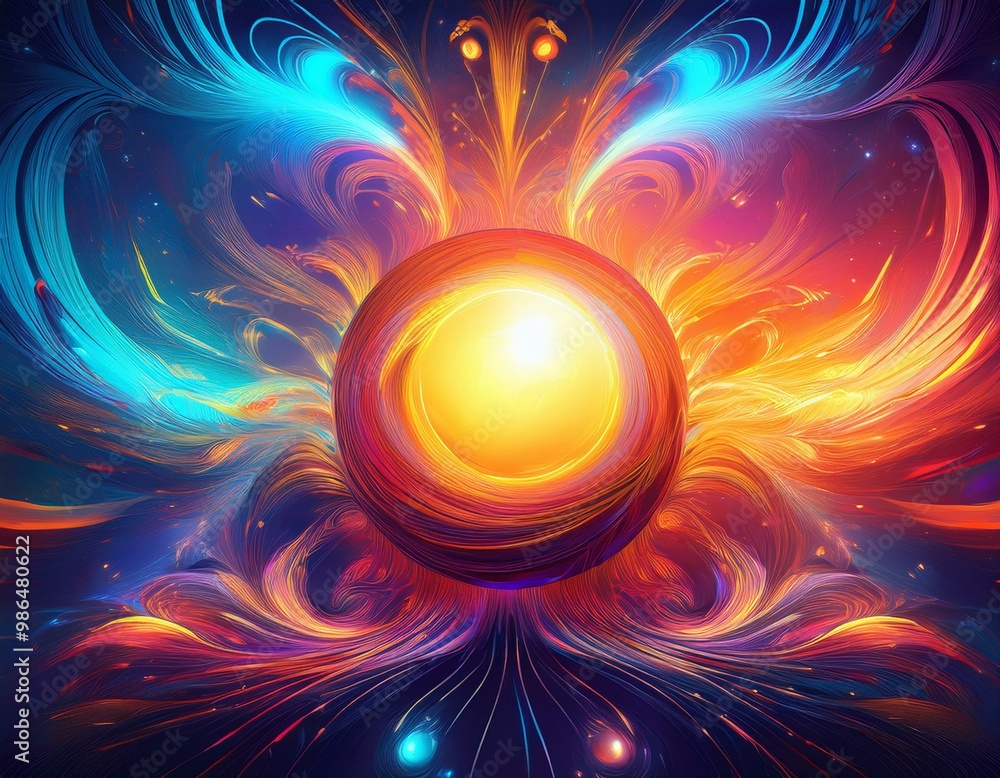 Poster abstract colorful background with a glowing orb in the center.