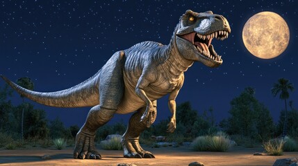 A massive dinosaur roars loudly, illuminated by the bright light of the full moon, surrounded by...