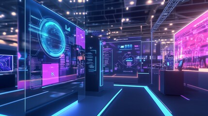 Futuristic exhibition hall with neon lights