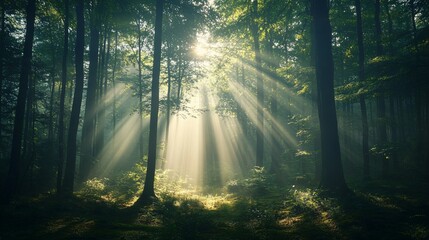 Fototapeta premium Sunbeams Piercing Through a Misty Forest