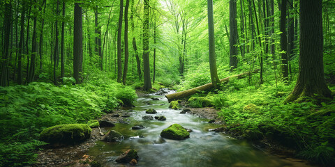 Obraz premium A stream of water meandering is running through a lush green forest filled with vibrant vegetation and tall trees. 