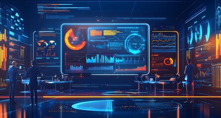 Businesspeople Analyzing Data on Futuristic Digital Displays