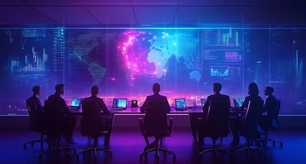 Silhouetted Figures Monitoring Global Data on Screens