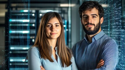 Two young professionals stand in a sleek data center, showcasing their expertise in technology and data solutions while engaging with a conference audience eager to learn