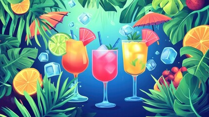 Illustration of Cocktail party banner and tropical umbrella with colorful drinks and exotic plants background. Ai generated image