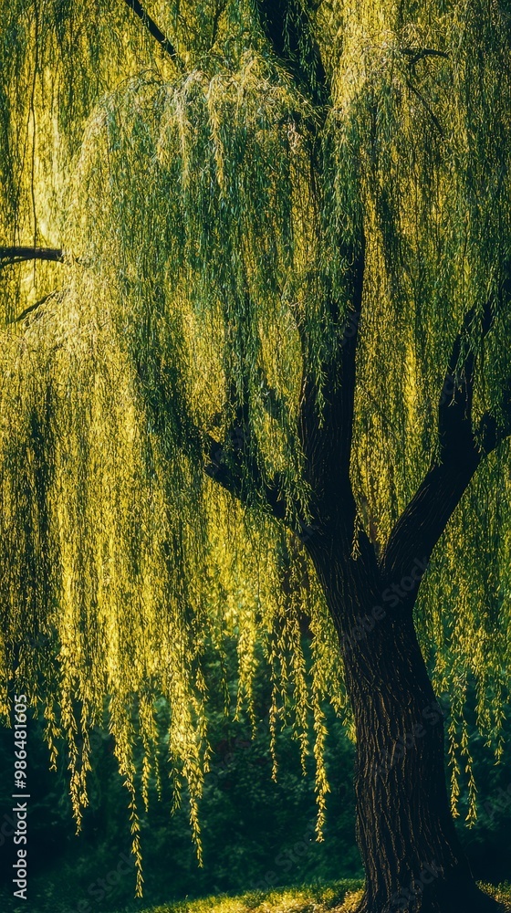 Poster dappled light filters through the cascading branches of a graceful weeping willow