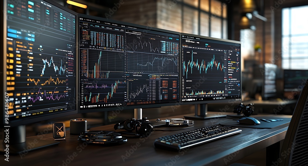 Poster three computer monitors displaying stock market data on a desk