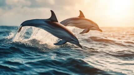 Naklejka premium Playful Dolphins Leaping Over Ocean Waves