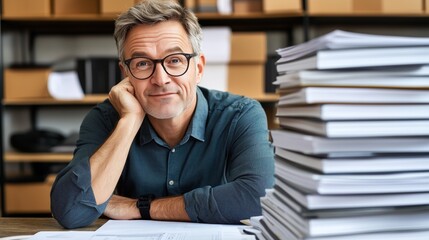 In a modern office, a man wearing glasses rests his chin on his hand, contemplating as he sits at a desk piled with paperwork, surrounded by boxes, reflecting a busy work environment