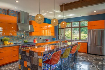 Eclectic kitchen with mixed materials and bold colors.
