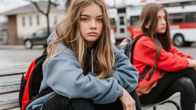 Two teenagers sit on a bench at a bus stop in an urban setting. One girl gazes pensively into the distance, while her friend appears contemplative, dressed in casual attire - Powered by Adobe