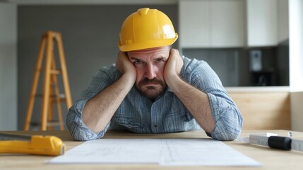 A construction worker appears stressed and contemplative, resting his head on his hands while looking at blueprints spread out on a nearby table in a deserted work area
