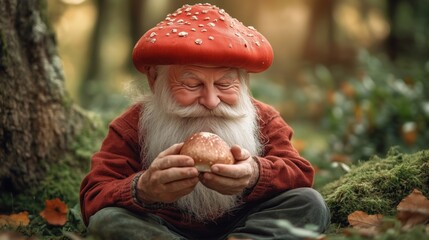 In a tranquil forest setting, a joyful gnome with a signature red mushroom hat sits on soft moss, gently holding a small mushroom, surrounded by vibrant fall leaves and greenery