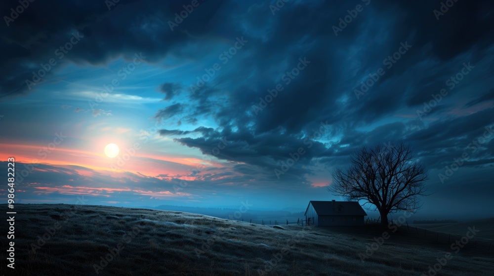 Poster a serene countryside setting features a lone house and a bare tree against a vibrant twilight sky fi