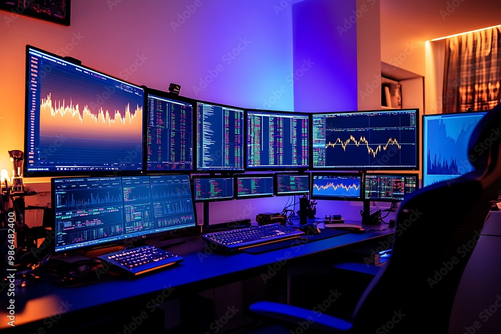 Poster a workstation with multiple monitors displaying financial data