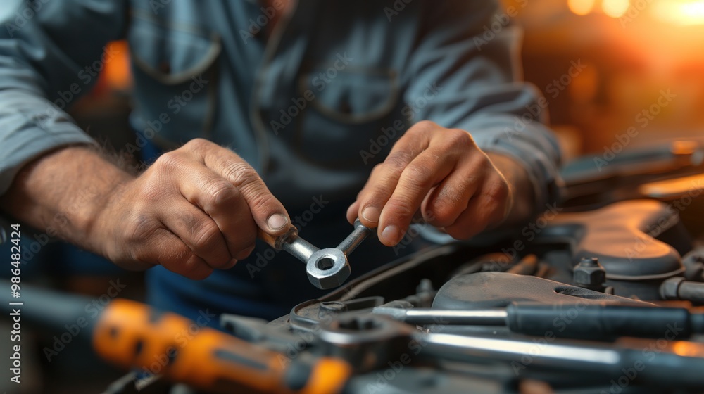 Poster mechanic working on a car engine, using diagnostic tools and wrenches to identify and repair issues,