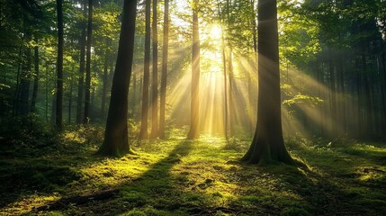 Fototapeta premium Sunbeams Illuminating a Dense, Green Forest