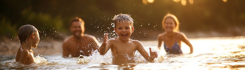 Obraz premium Joyful family enjoying a summer swim