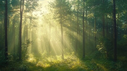 Fototapeta premium Sunbeams Filtering Through a Dense Forest