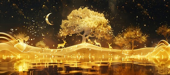 Golden oak tree on digital mountain floating on water