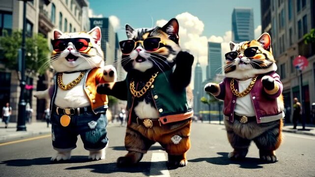 three cool, trendy, fat rapper cats, in leather jackets, sunglasses, chains and jewelry, walk and dance and sing along the city street.