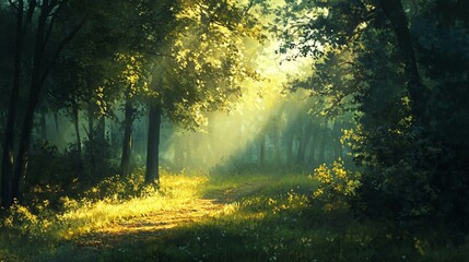 Naklejka premium Sunlit Path Through a Dense Forest