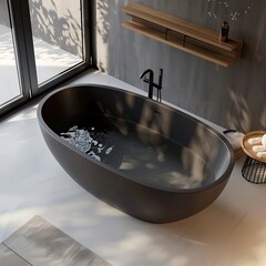 Minimalist modern bathroom with dark grey oval bathtub