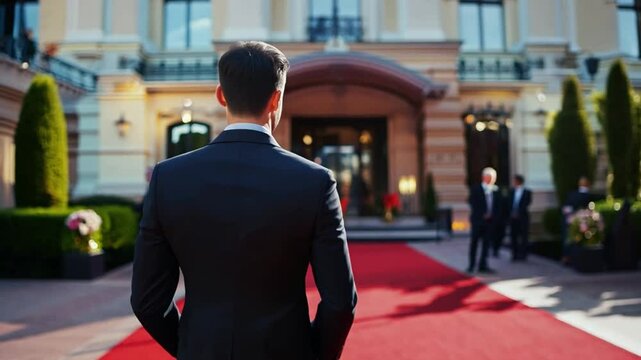 A man in suit walks towards an upscale hotel, following a red carpet at dusk, indicating a special occasion or gathering